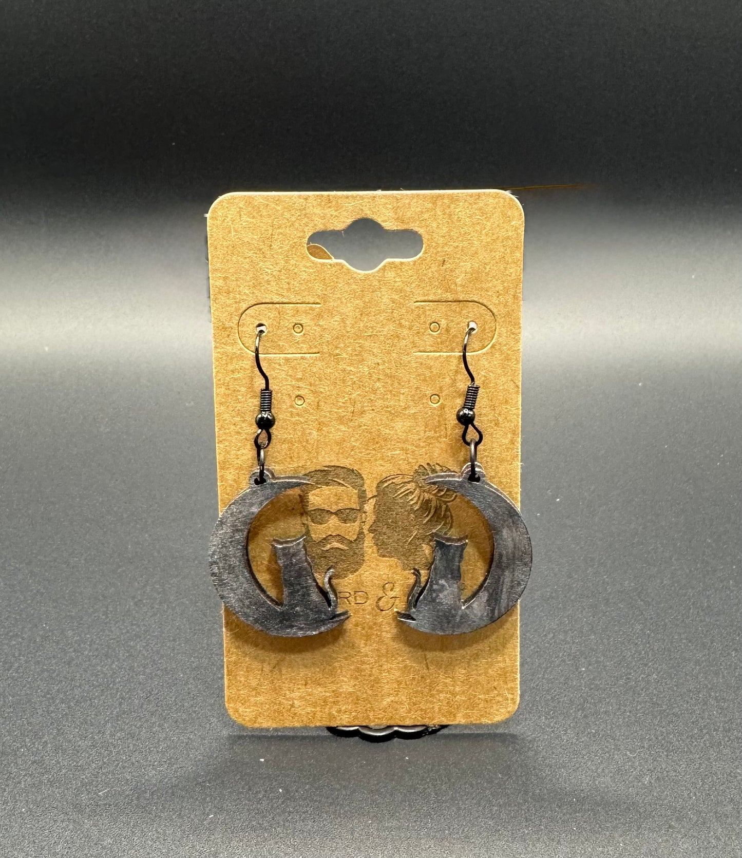 Wooden Cat and Moon Earrings